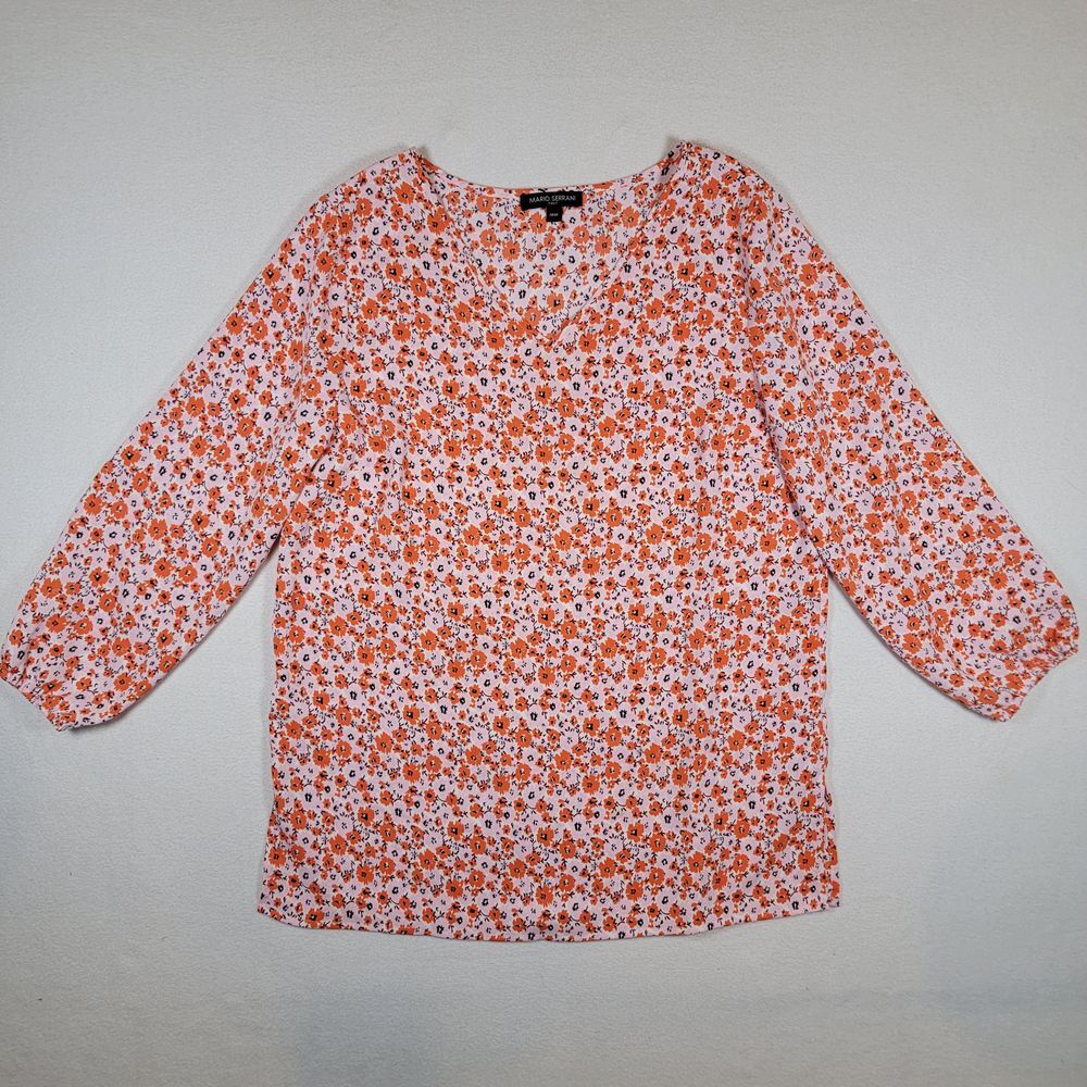 Mario Serrani Womens Floral Tunic Top Sz M Medium Orange 3/4 Sleeve Scrunch Cuff
